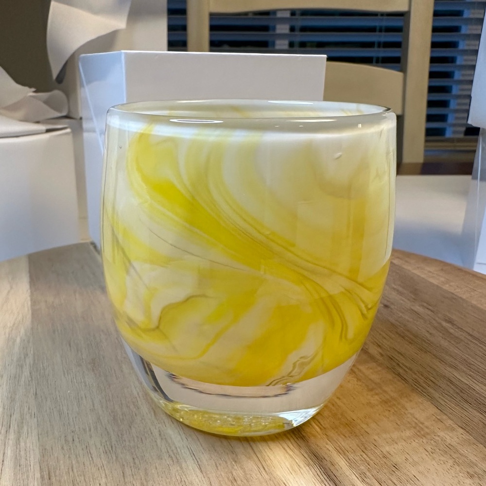 Glassybaby “one of a kindness “Yellow and White Swirl Triskelion